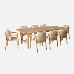 Set tavolo da giardino in legno di eucalipto e corde con 8 sedie