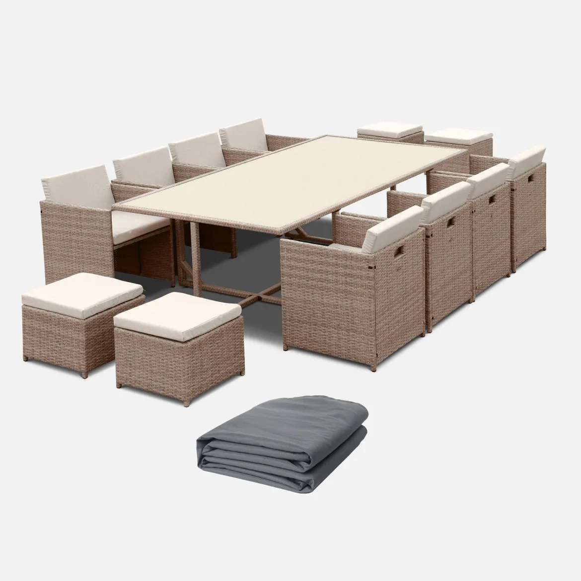 Set tavolo da giardino in resina con 12 poltrone + copertura di protezione