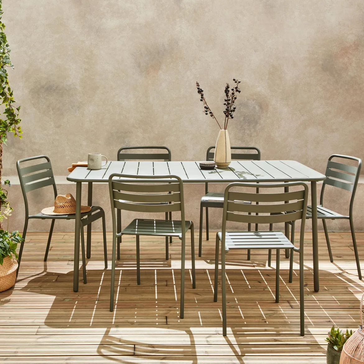 Set tavolo da giardino in acciaio con 6 sedie, 160cm