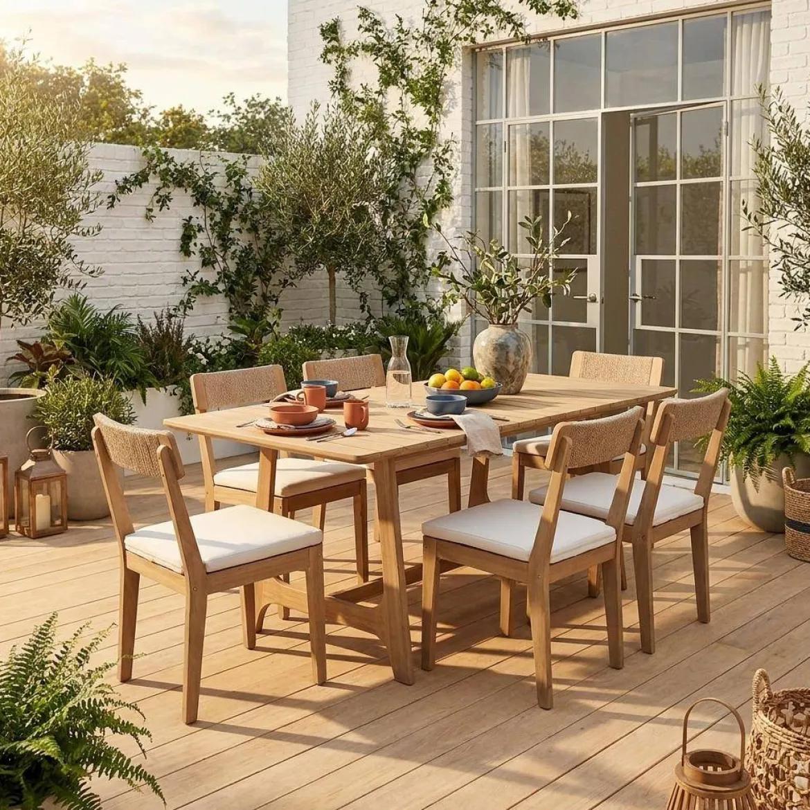 Set tavolo da giardino in legno di acacia con 6 sedie