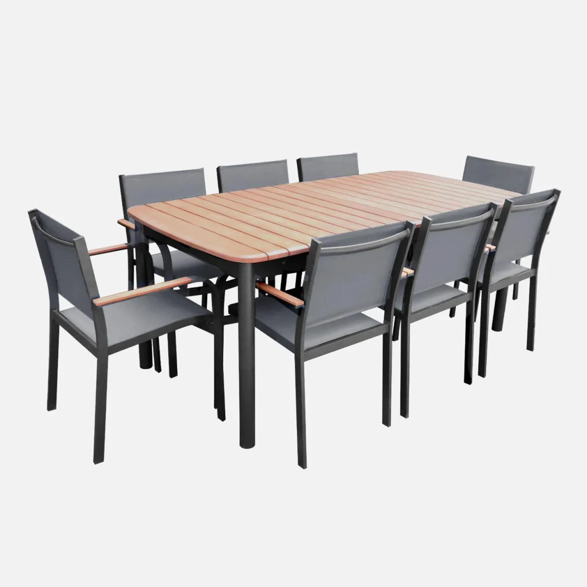 Set tavolo da giardino in legno e alluminio con 8 sedie impilabili