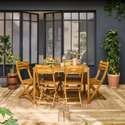 Set tavolo da giardino in acacia con angoli arrotondati con 6 sedie
