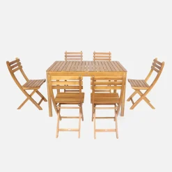 Set tavolo da giardino in acacia con angoli arrotondati con 6 sedie