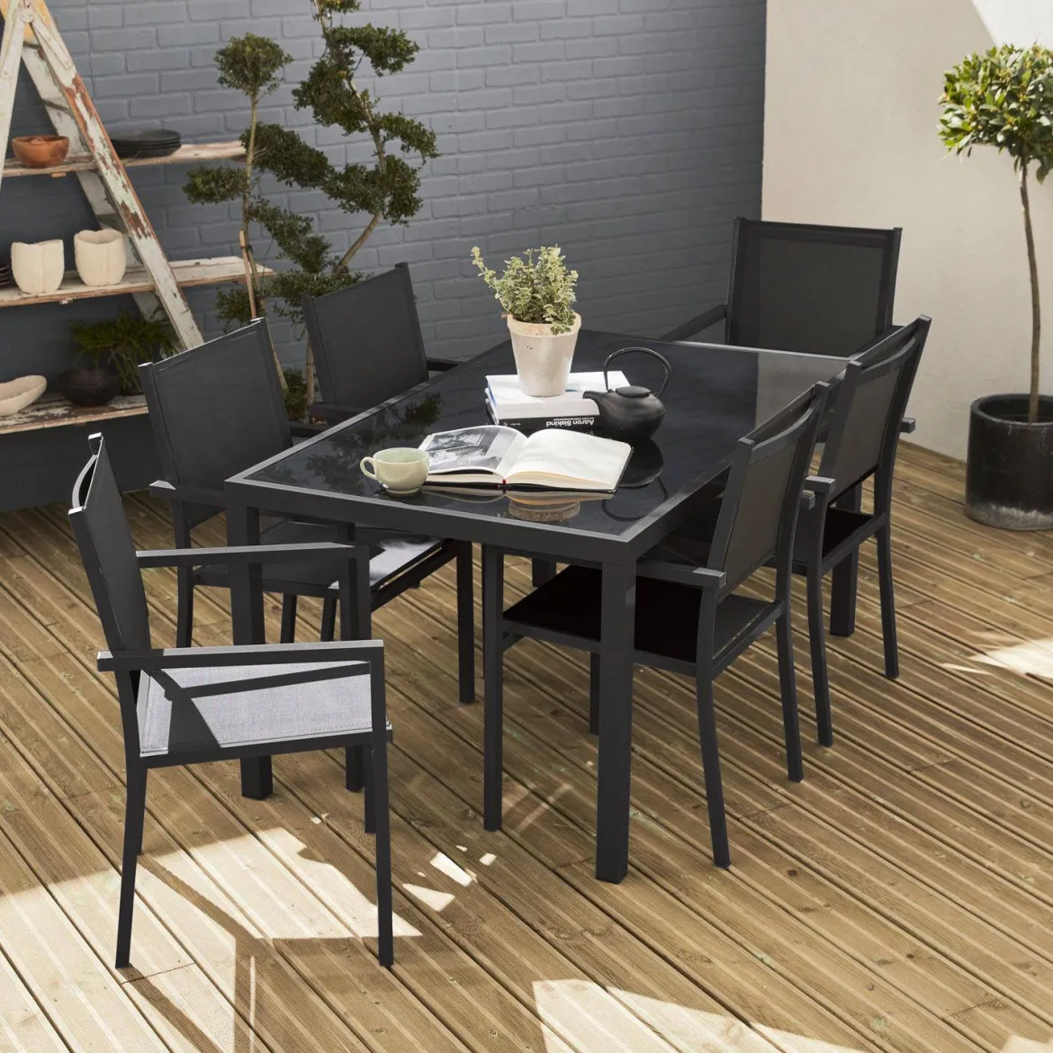 Set tavolo da giardino in alluminio e textilene con 6 sedie
