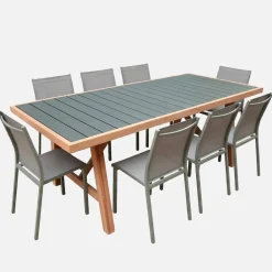 Set tavolo da giardino in legno di hevea e alluminio con 8 sedie