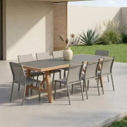 Set tavolo da giardino in legno di hevea e alluminio con 8 sedie