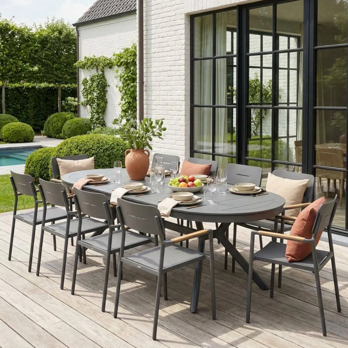 Set tavolo da giardino ovale allungabile in alluminio con 10 sedie