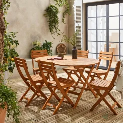 Set tavolo da giardino ovale in legno con 6 sedie