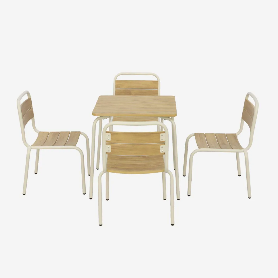 Set tavolo da giardino per bambini in acciaio e decorazione in legno con 4 sedie