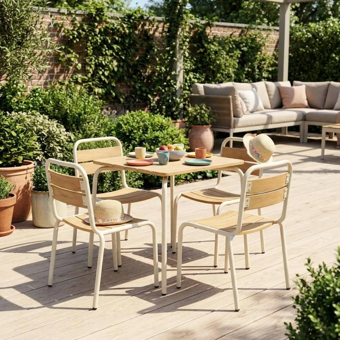 Set tavolo da giardino per bambini in acciaio e decorazione in legno con 4 sedie