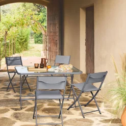 Set tavolo da giardino pieghevole in acciaio con 4 sedie