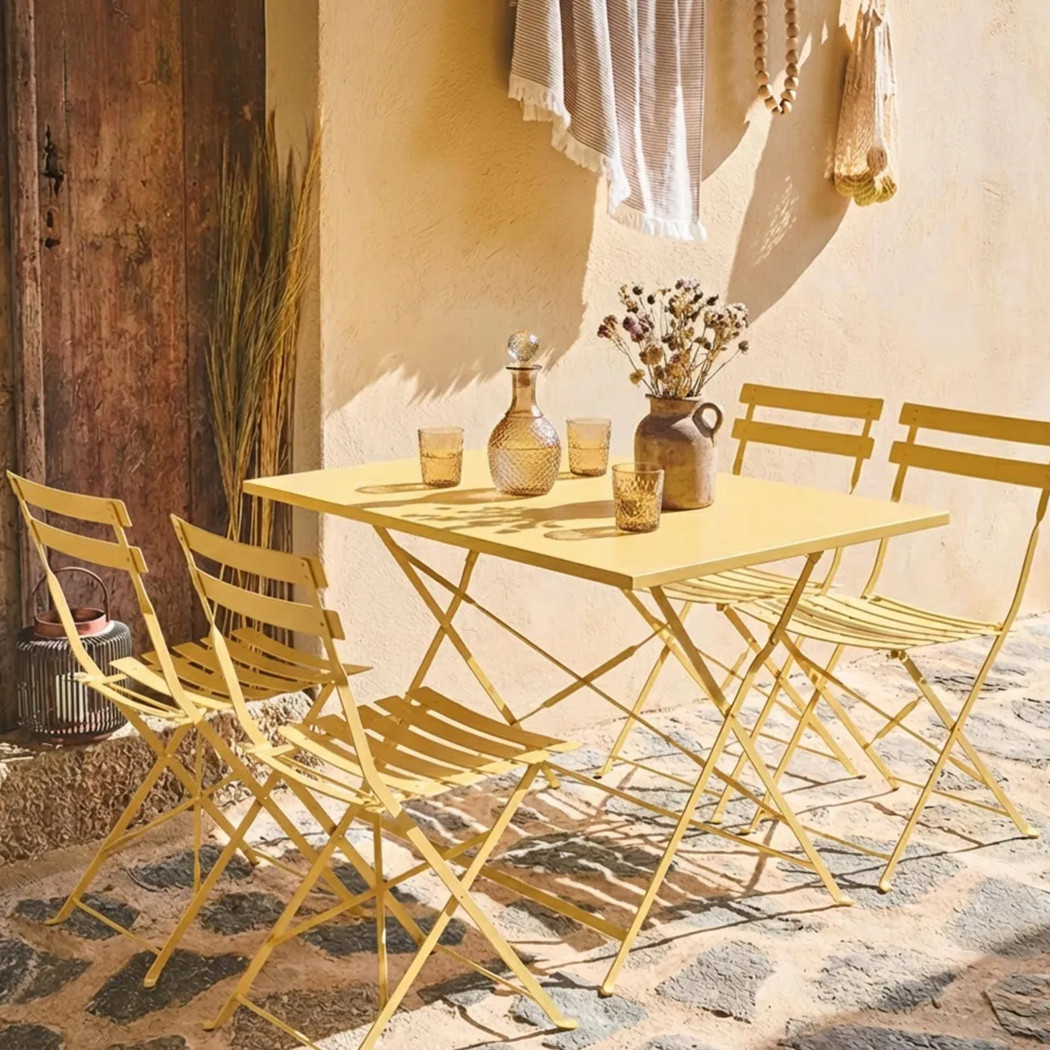 Set tavolo da giardino pieghevole in acciaio con 4 sedie, 110cm