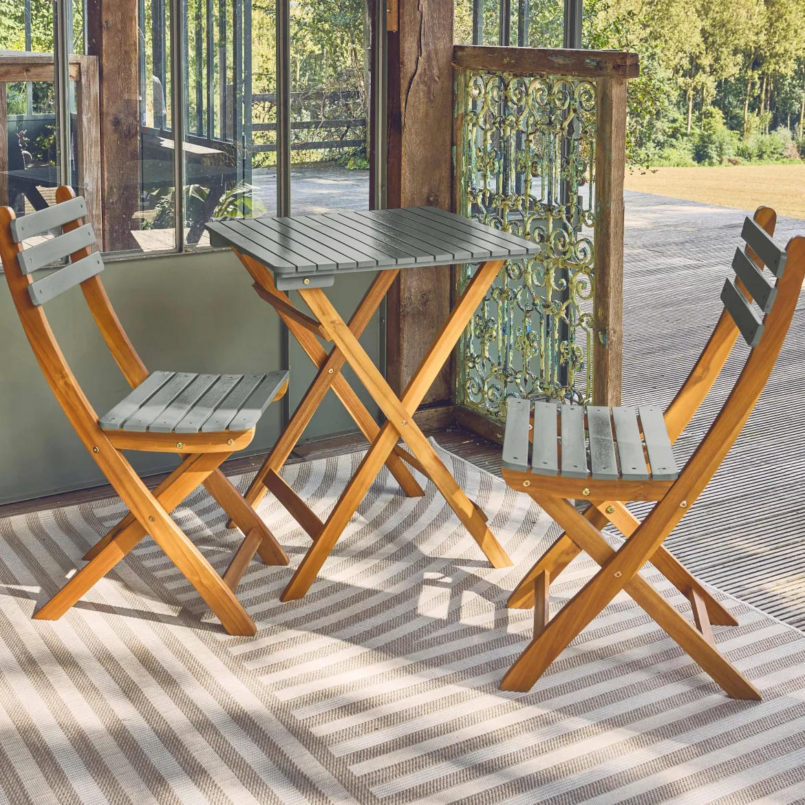 Set tavolo da giardino pieghevole in legno di acacia con 2 sedie