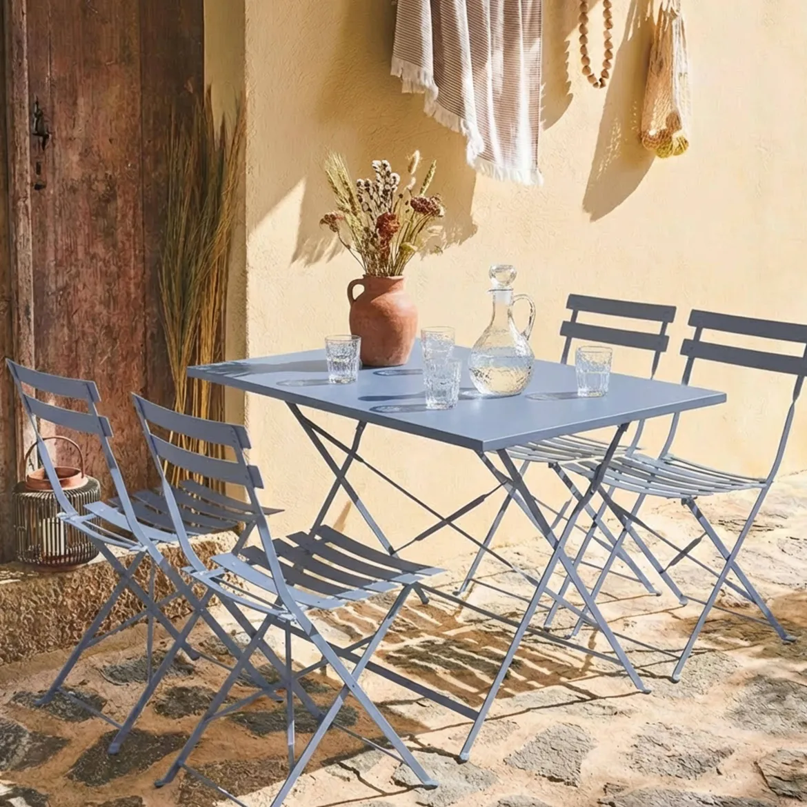 Set tavolo da giardino pieghevole in acciaio con 4 sedie, 110cm