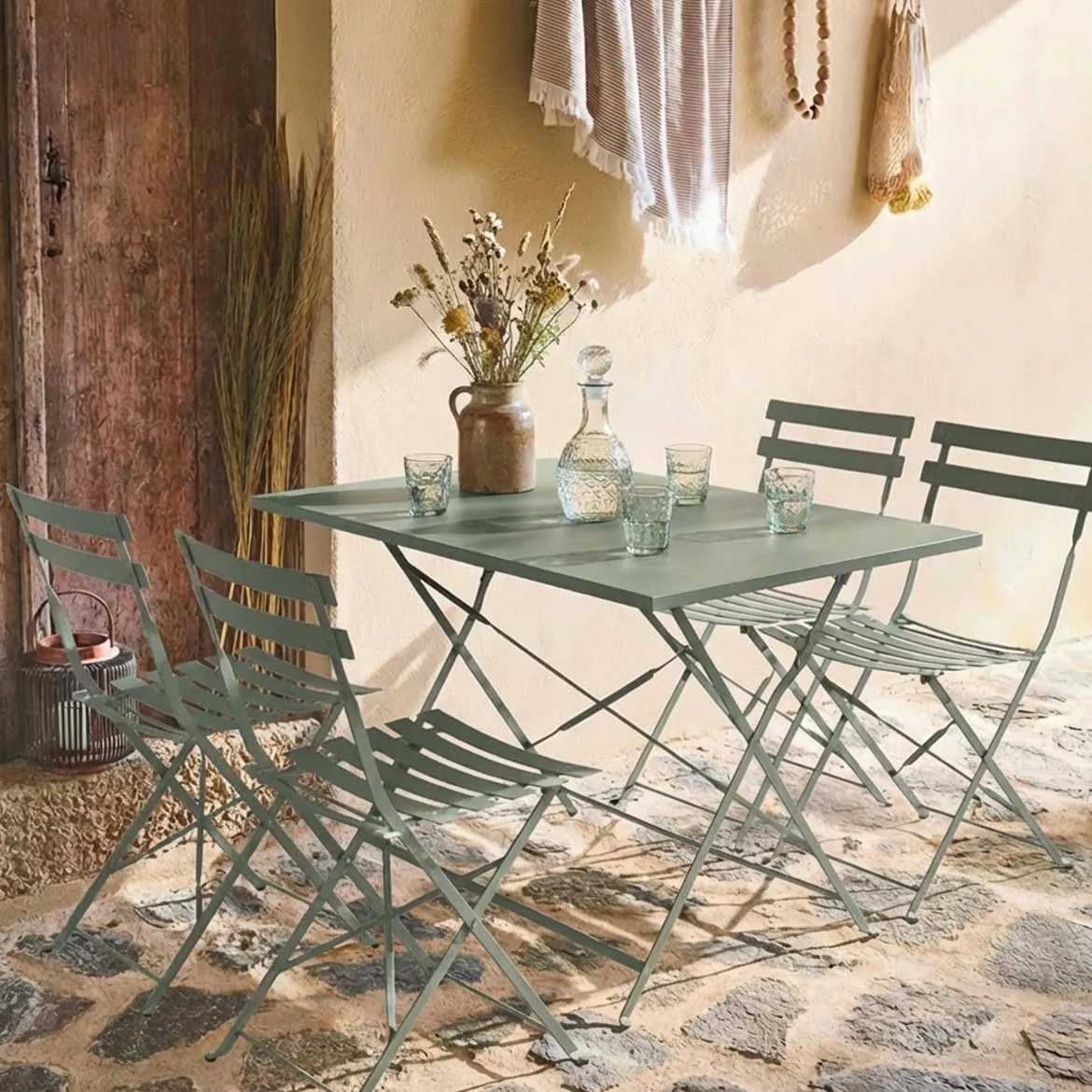 Set tavolo da giardino pieghevole in acciaio con 4 sedie, 110cm