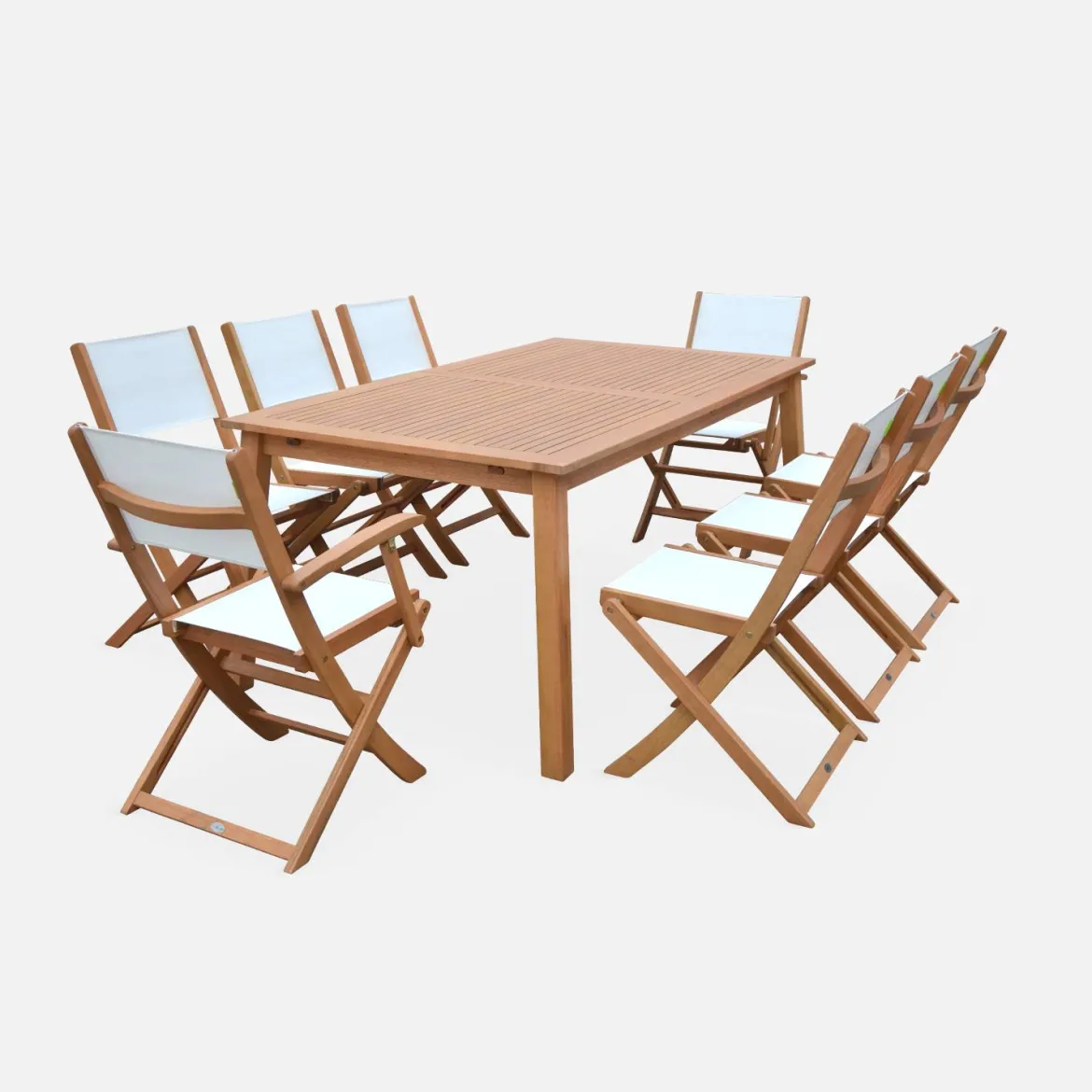 Set tavolo da giardino rettangolare allungabile in legno con 8 sedie
