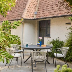 Set tavolo da giardino rotondo in alluminio e vetro con 6 sedie