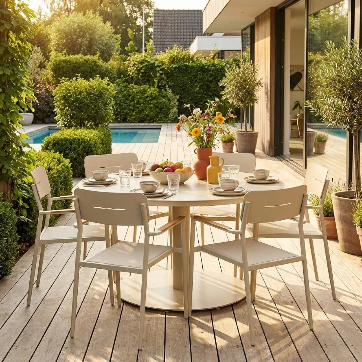 Set tavolo da giardino rotondo in alluminio con 6 sedie