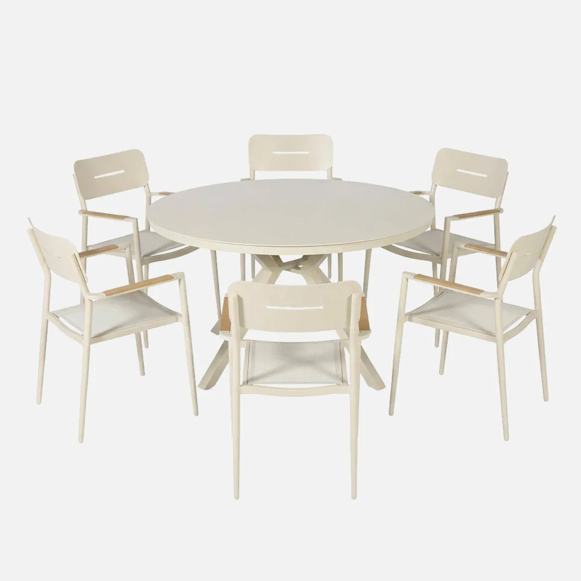 Set tavolo da giardino rotondo in alluminio e vetro con 6 sedie