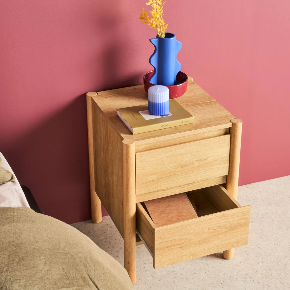 Set 2 comodini decoro legno 2 cassetti