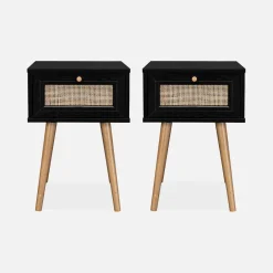 Set 2 comodini effetto legno e cannage