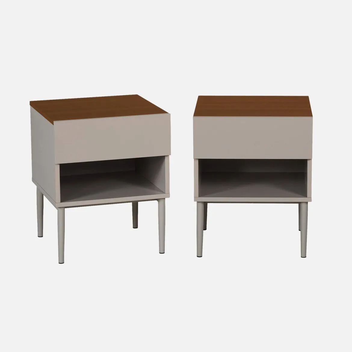 Set 2 comodini in metallo e decorazione in legno 1 anta 1 vano