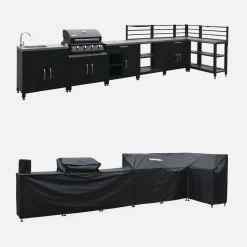 Set di 7 moduli da cucina con barbecue + copertura