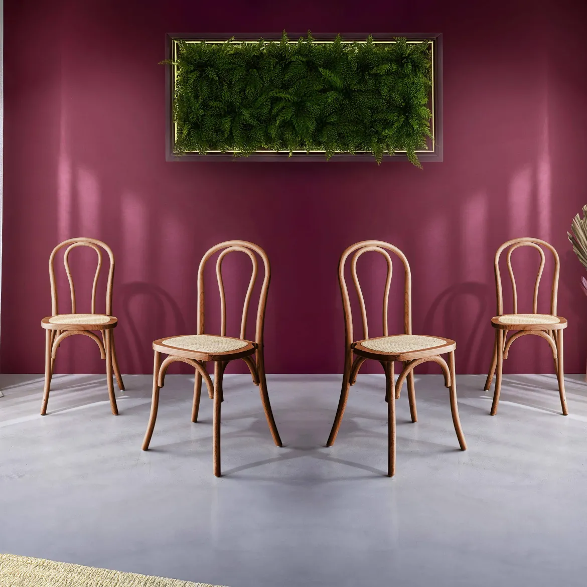 Set di 4 sedie vintage in legno e rattan