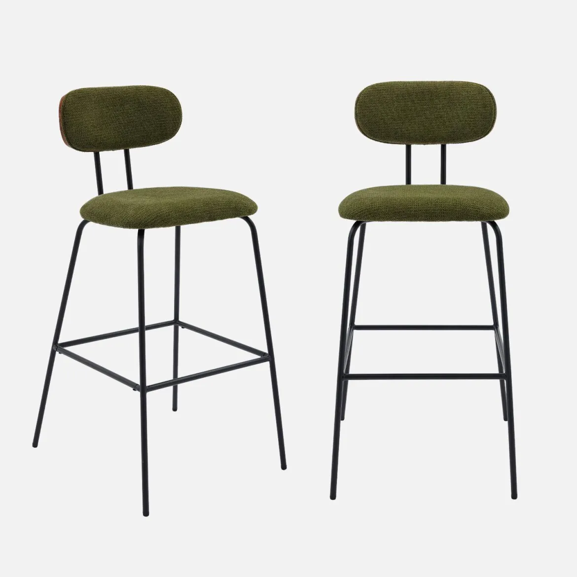 Set di 2 sgabelli da bar legno curvato tinto noce e tessuto idrorepellente gambe in metallo nero