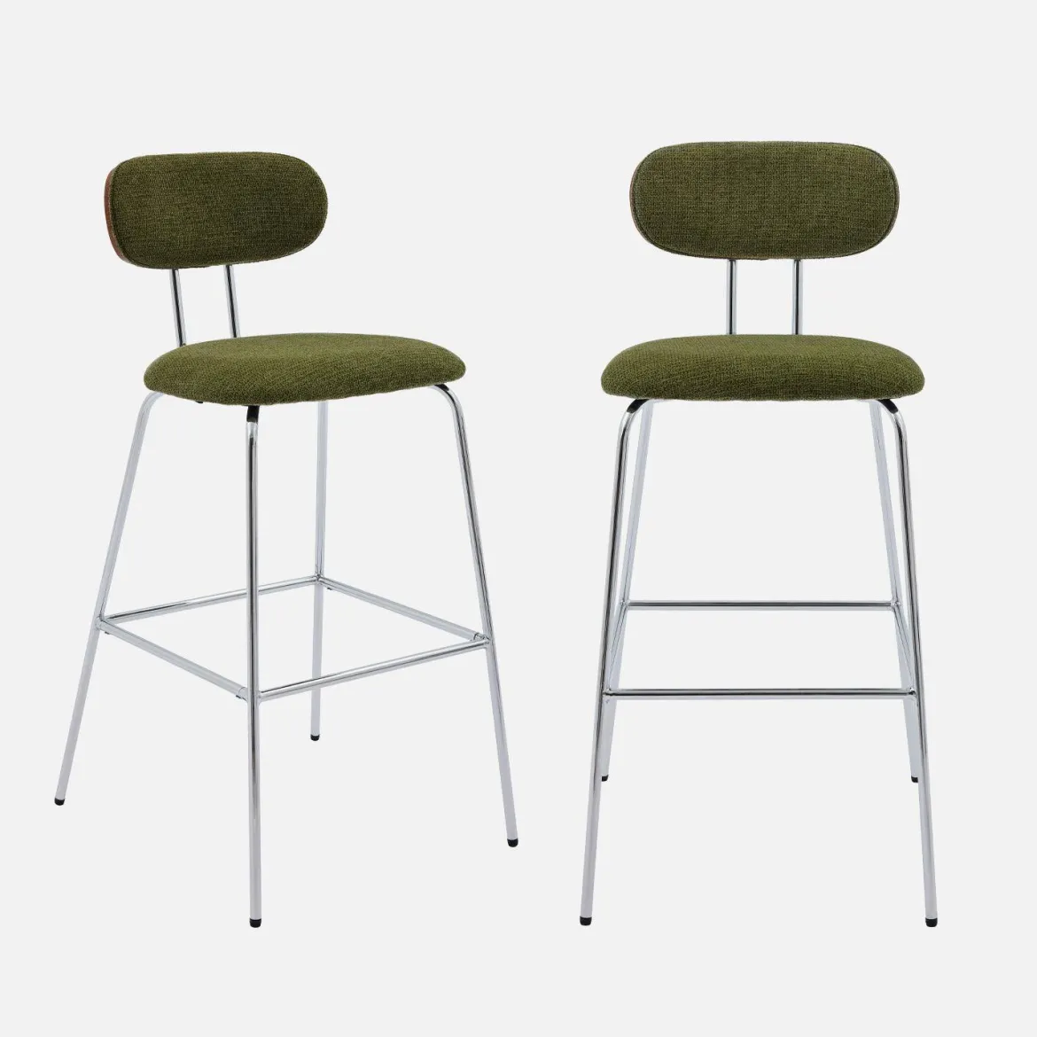 Set di 2 sgabelli da bar legno tinto noce e tessuto idrorepellente gambe in metallo cromato