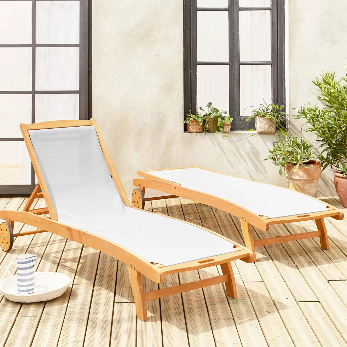 Set 2 lettini prendisole in legno multiposizione con ruote