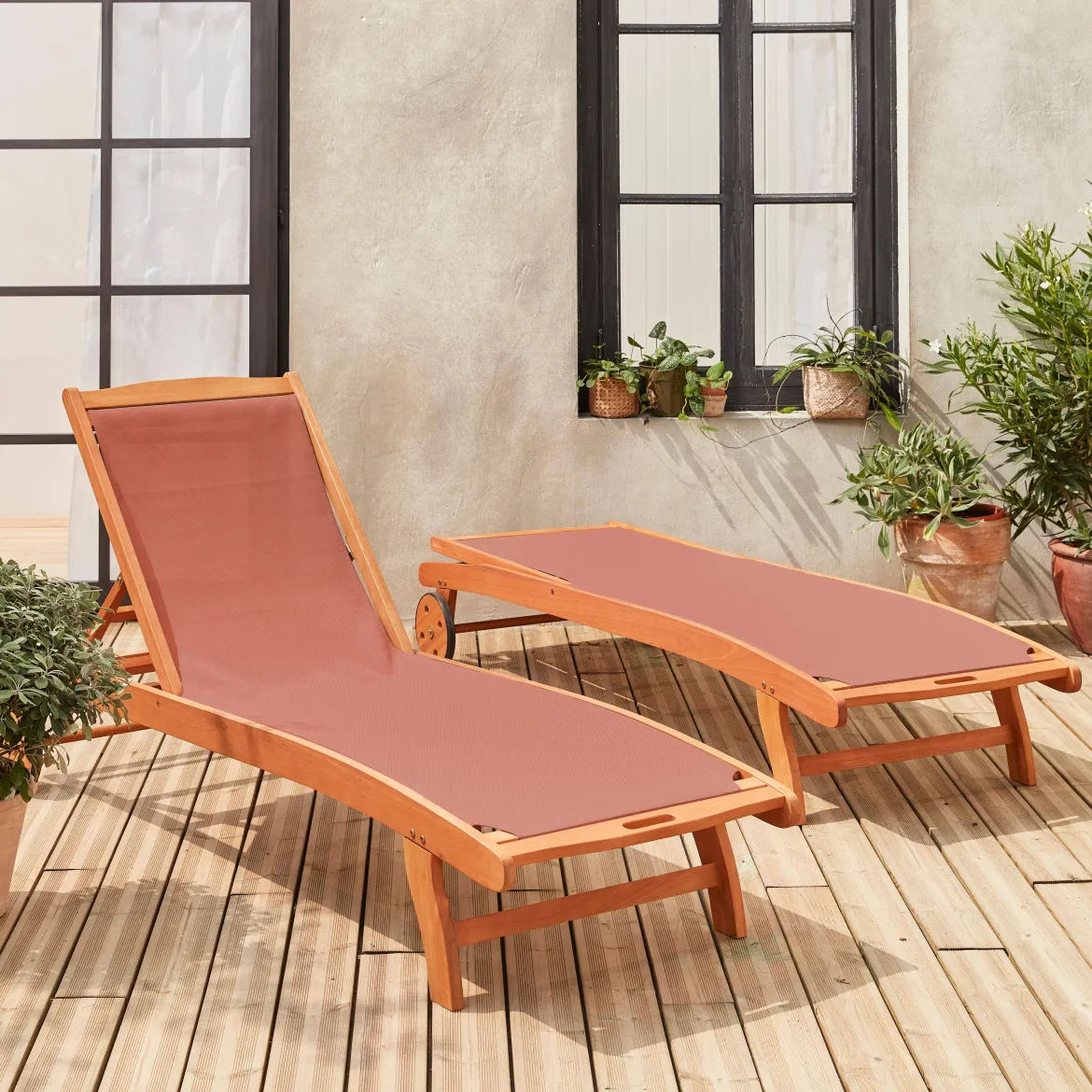 Set 2 lettini prendisole in legno multiposizione con ruote