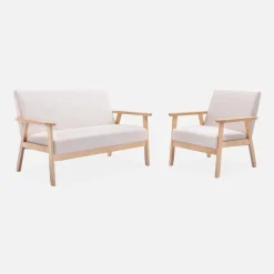 Set panca e poltrona in legno e tessuto, 3 posti