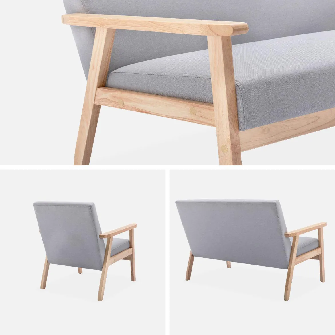 Set panca e poltrona in legno e tessuto, 3 posti