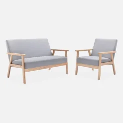 Set panca e poltrona in legno e tessuto, 3 posti