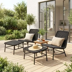 Set 2 poltrone da giardino con poggiapiedi in alluminio e corda