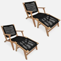Set 2 poltrone da giardino e poggiapiedi in legno e corda