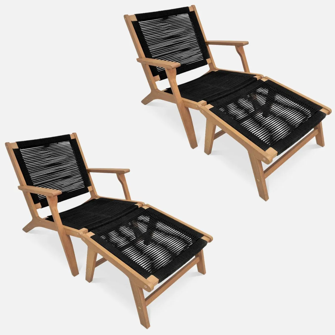 Set 2 poltrone da giardino e poggiapiedi in legno e corda