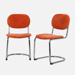 Set 2 sedie arrotondate metallo, tessuto ciniglia e gambe cromate