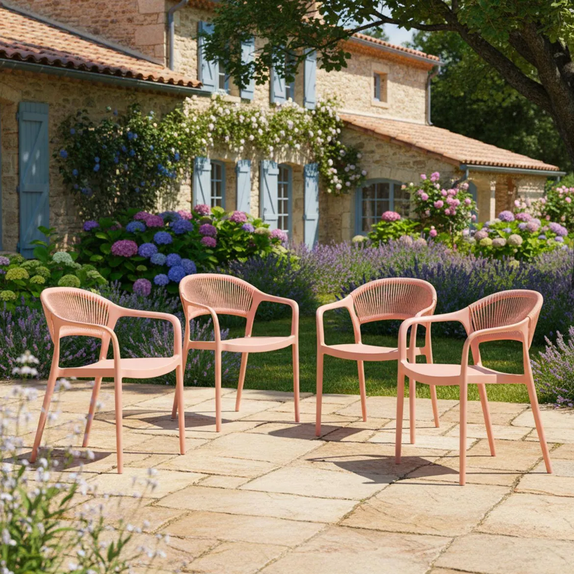 Set 4 sedie da giardino impilabili con effetto corda