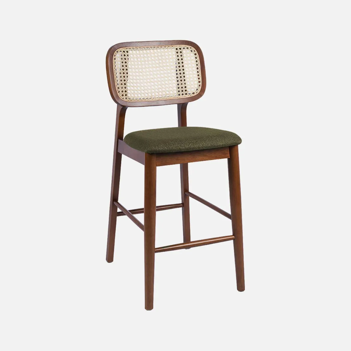 Set 2 sgabelli da bar vintage in legno di hevea con impagliatura e tessuto, 66,5 cm