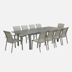 Set tavolo allungabile in alluminio con 10 sedie