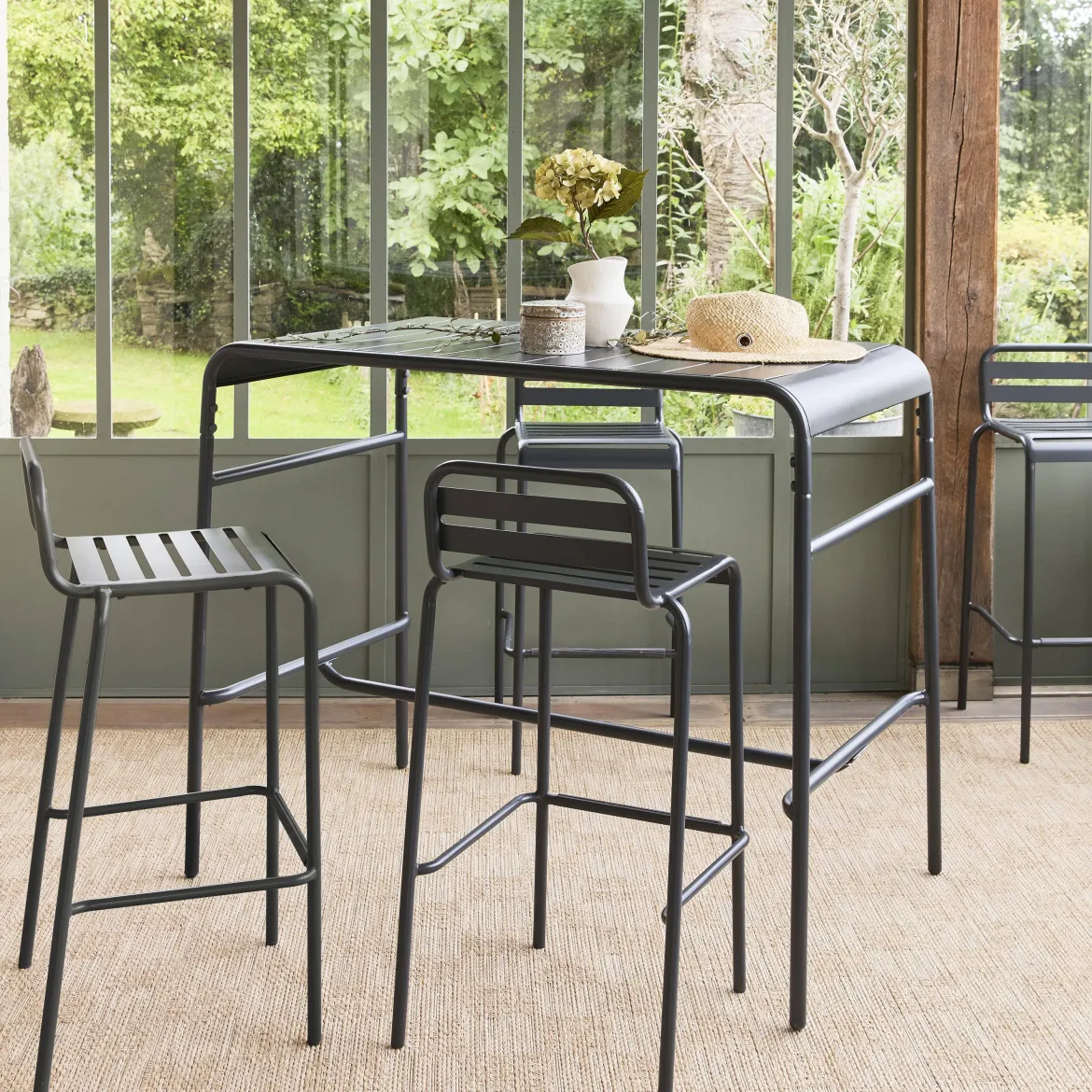 Set tavolo alto da giardino in acciaio con 4 sgabelli, 120cm