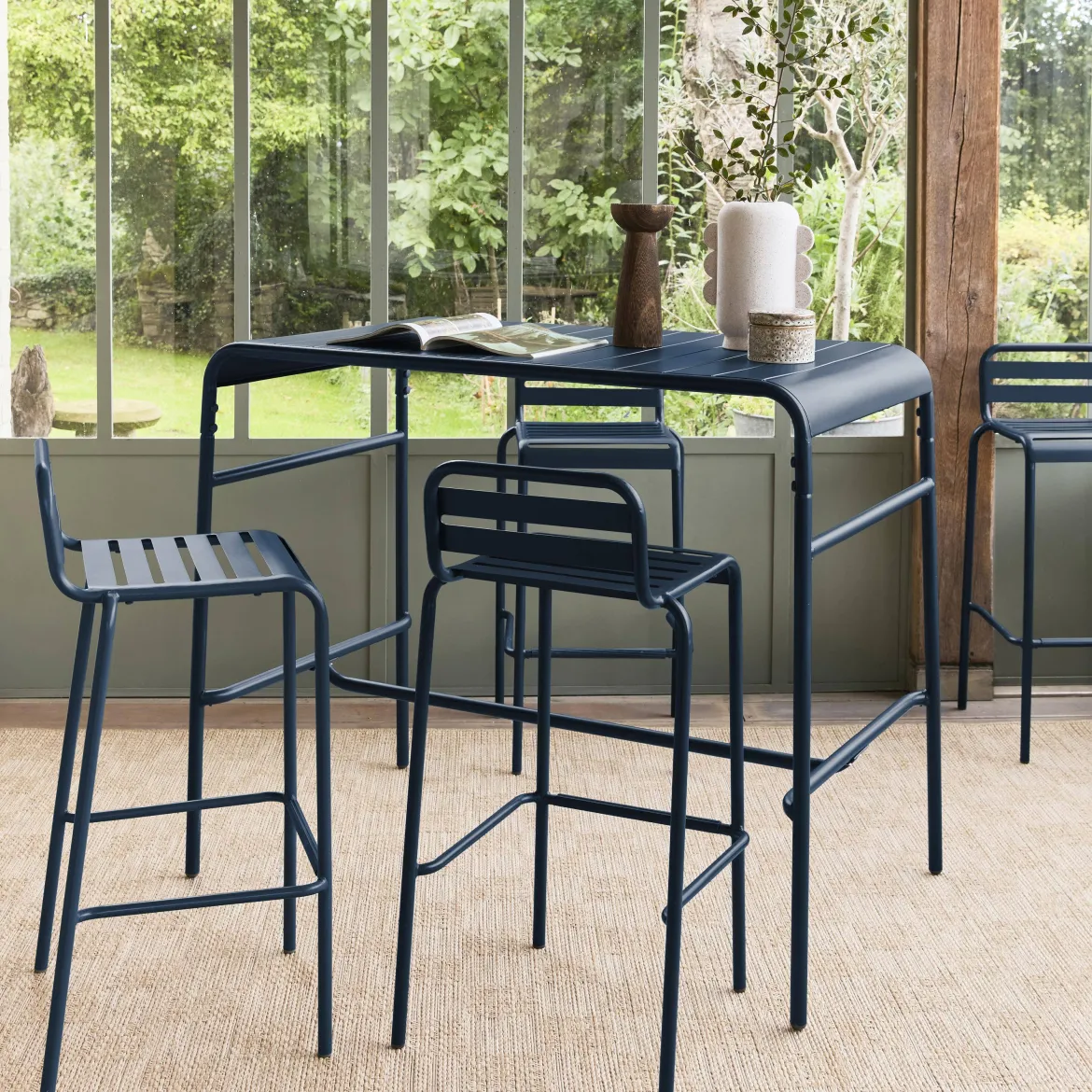 Set tavolo alto da giardino in acciaio con 4 sgabelli, 120cm