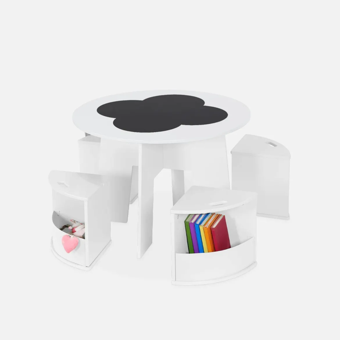 Set tavolo con ardesia e 4 sedie contenitore per bambini