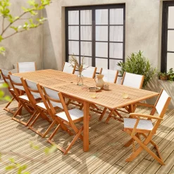 Set tavolo da giardino allungabile in legno con 10 sedie