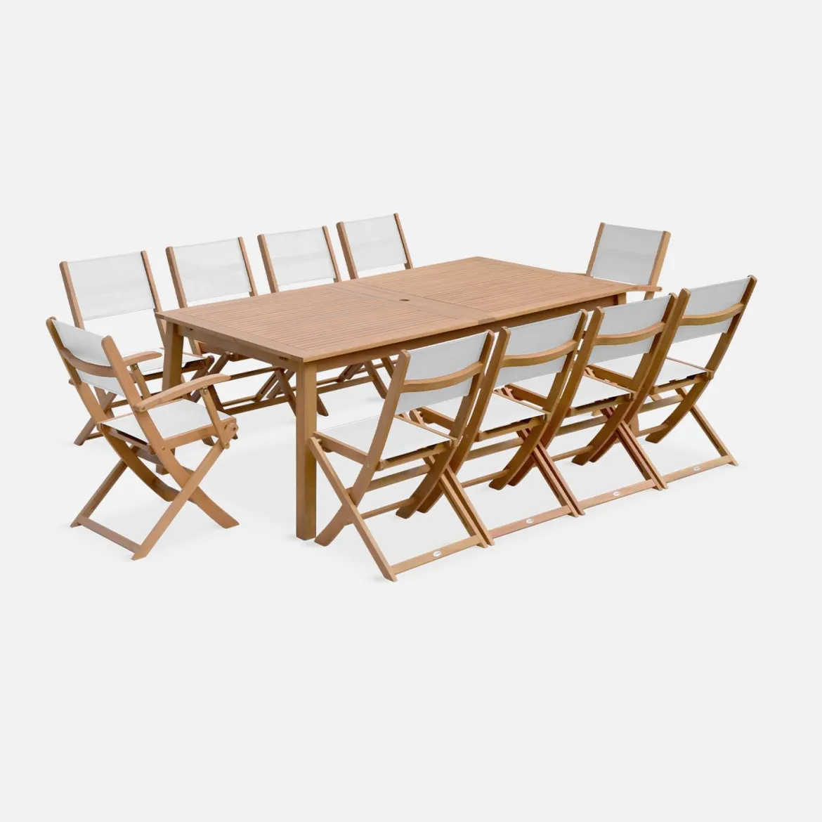 Set tavolo da giardino allungabile in legno con 10 sedie