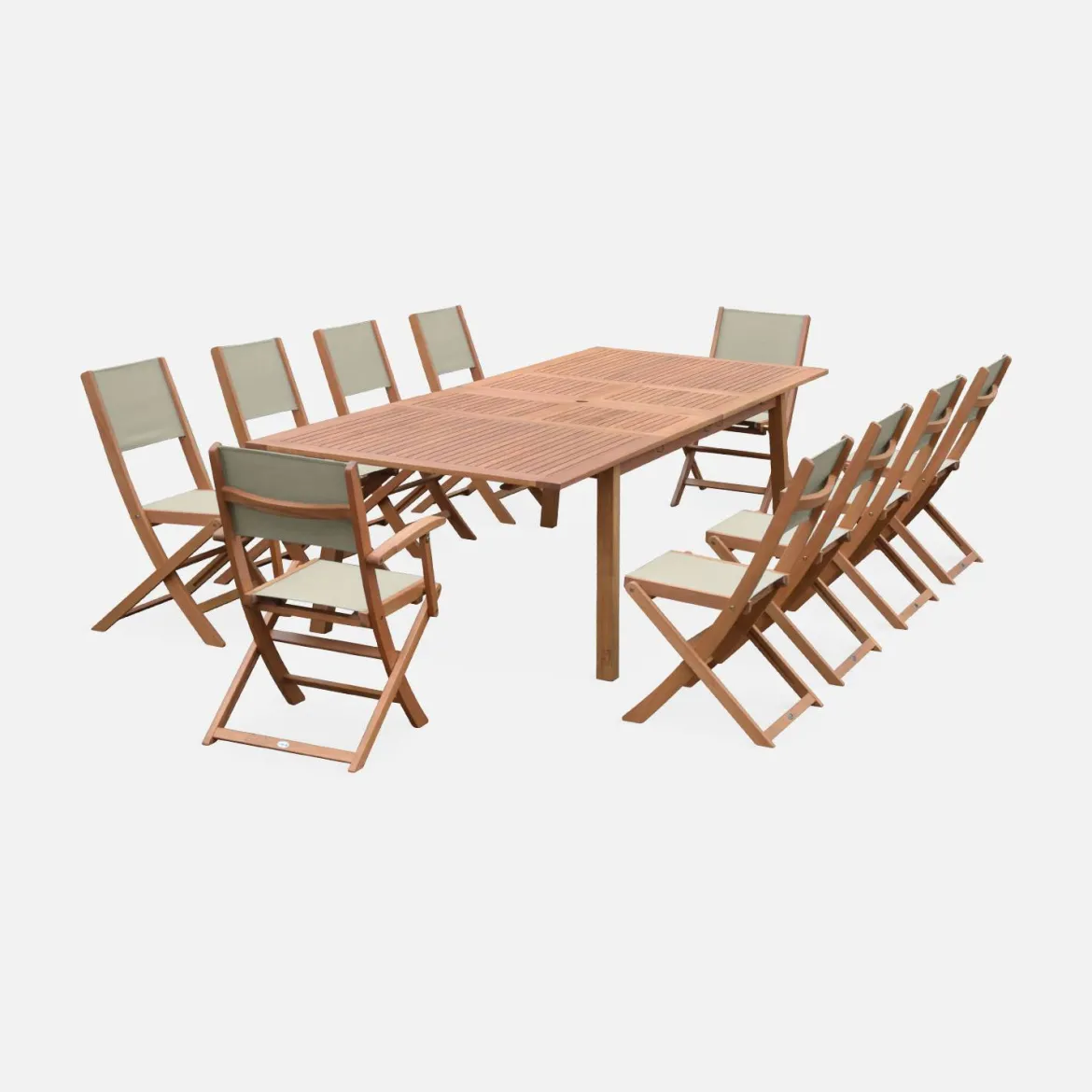 Set tavolo da giardino allungabile in legno con 10 sedie