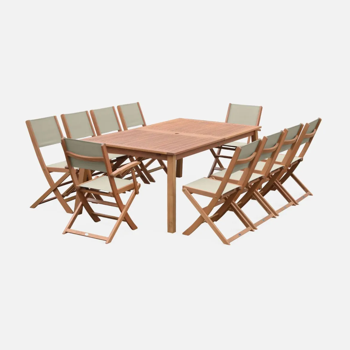 Set tavolo da giardino allungabile in legno con 10 sedie