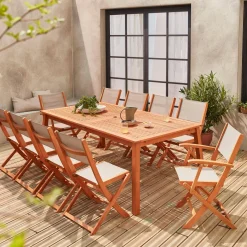 Set tavolo da giardino allungabile in legno con 10 sedie